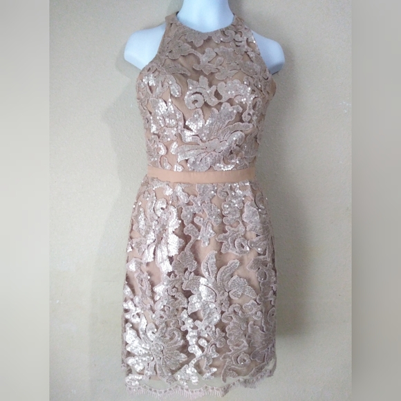 Dress The Population Gold Floral Halter Open Back Mini Dress Size XS - Picture 2 of 8